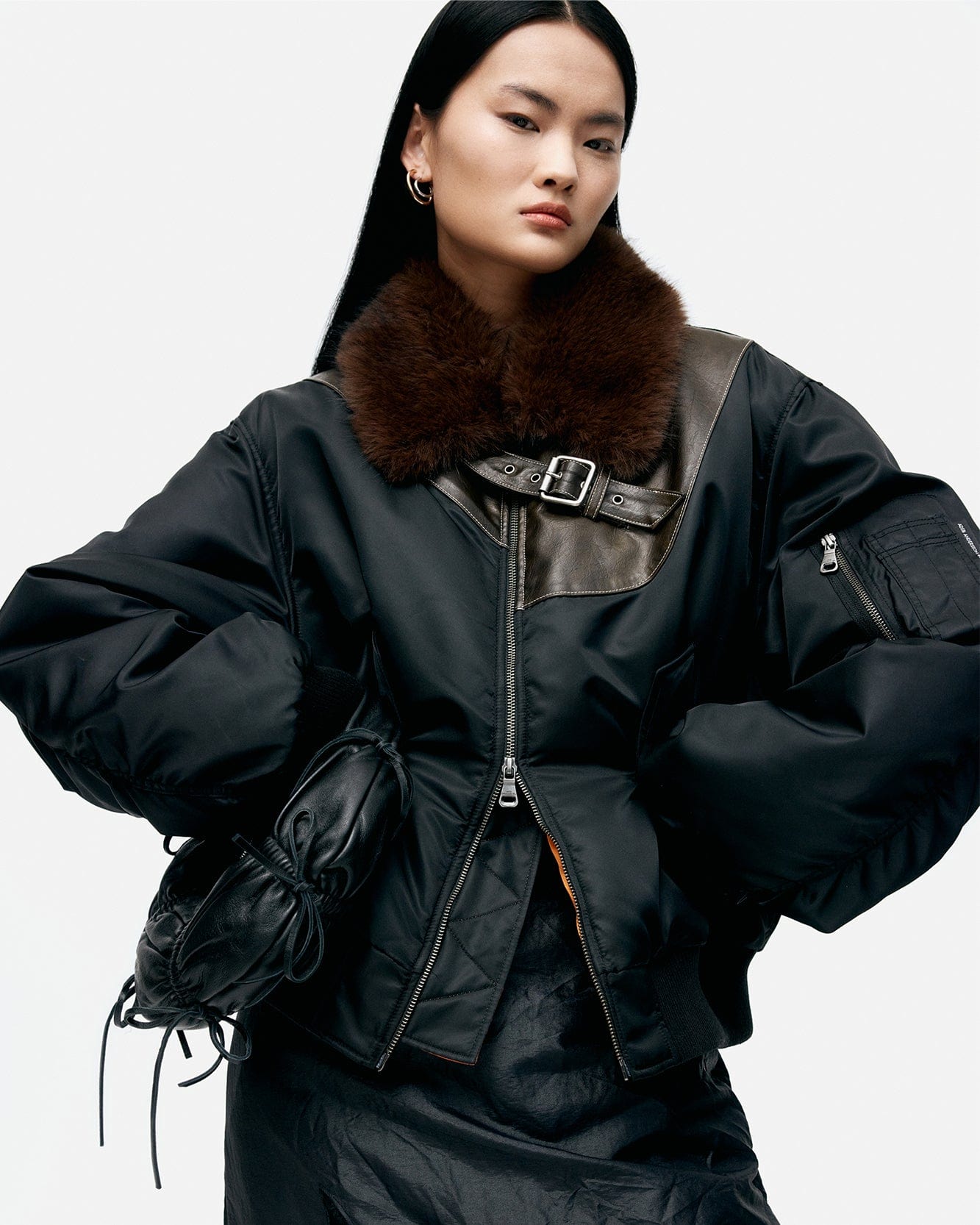 기타 FUR COLLAR LEATHER PATCH MA-1 BOMBER awa736u(BLACK)