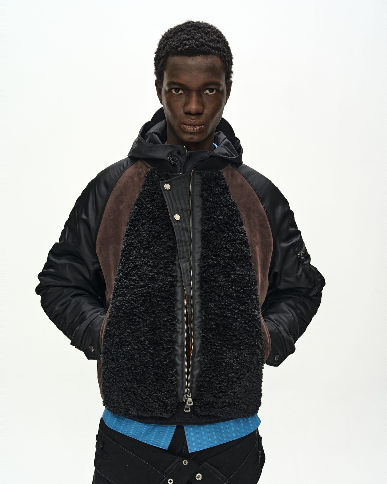 ジャケット・アウター ANDERSSON BELL FUR BOMBER JACKET RESTOCK] FUR COLLAR LEATHER PATCH MA-1 BOMBER awa736u(BLACK