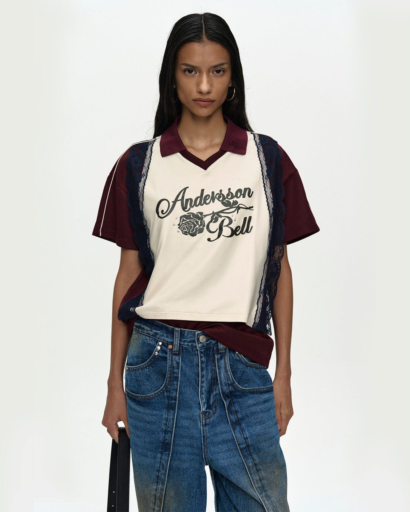 LACE TRIMMED POLO JERSEY TOP atb1487w(WINE/LIGHT YELLOW