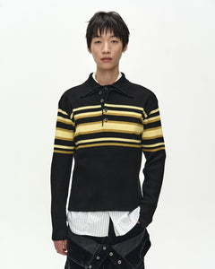 未使用 ANDERSSON BELL B&W STRIPE POLO SWEATER ストライプポロセーター ニット アンダースンベル ブラック L （5199M） Stripe Soccer Polo Sweater - Black/Blue | UP THERE