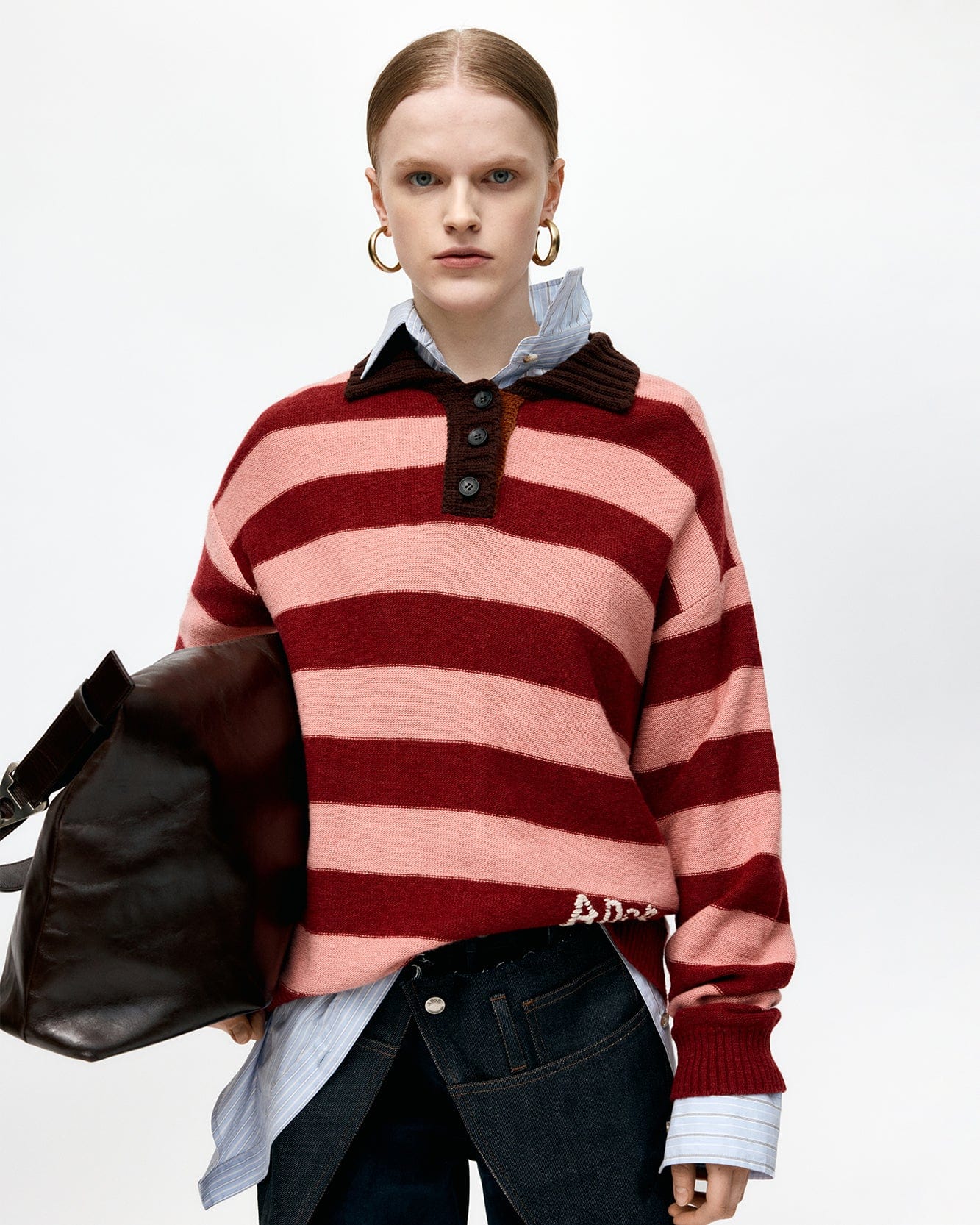 기타 LOOSE-FIT STRIPE COLLAR SWEATER atb1399w(PINK/RED WINE)