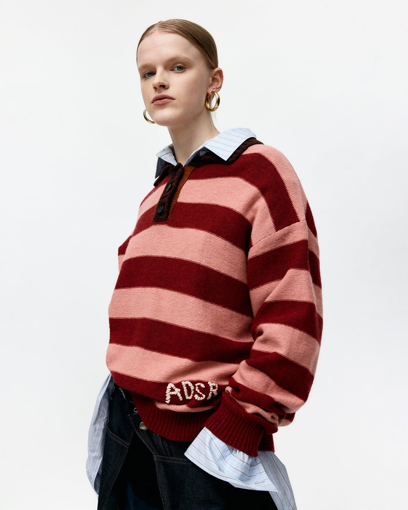 LOOSE-FIT STRIPE COLLAR SWEATER atb1399w(PINK/RED WINE