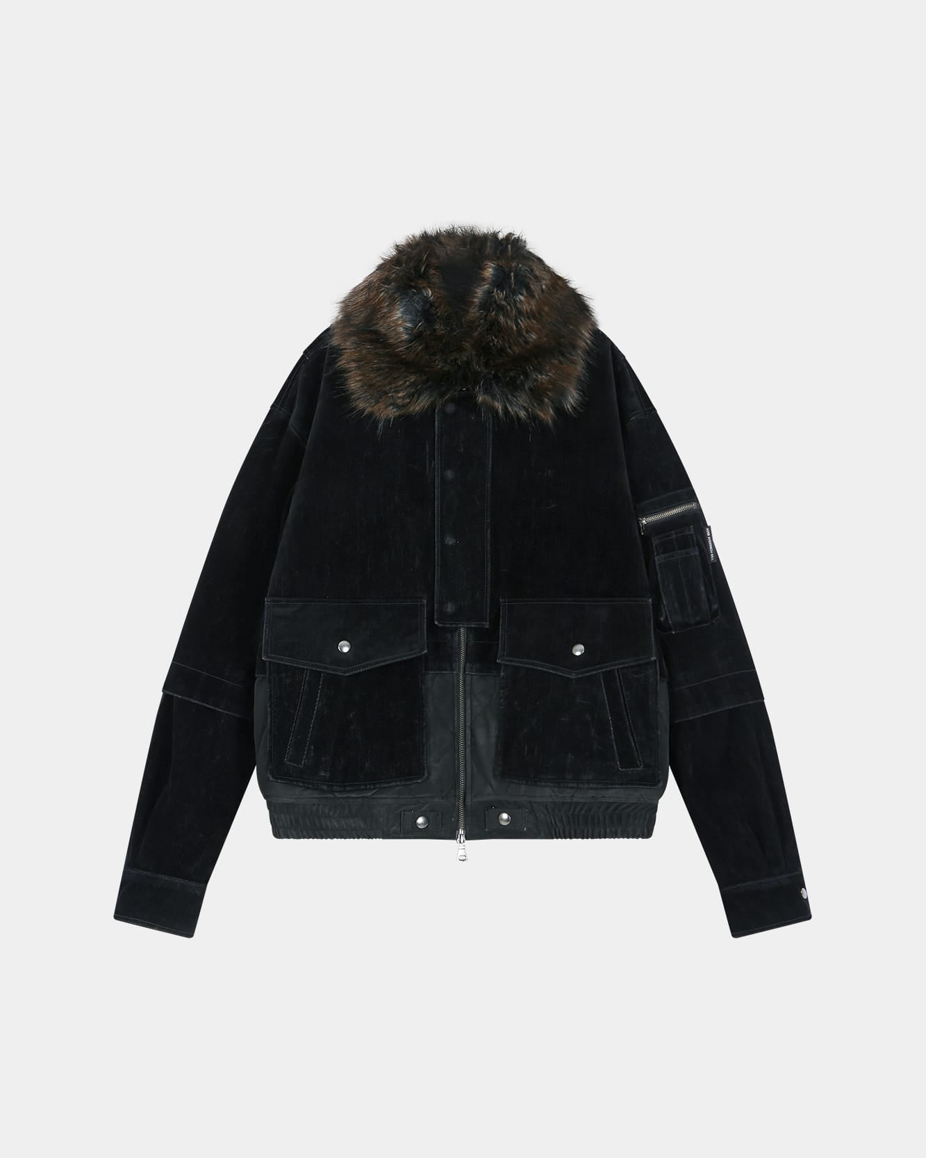 ジャケット・アウター ANDERSSON BELL FUR BOMBER JACKET RESTOCK] FUR COLLAR LEATHER PATCH MA-1 BOMBER awa736u(BLACK