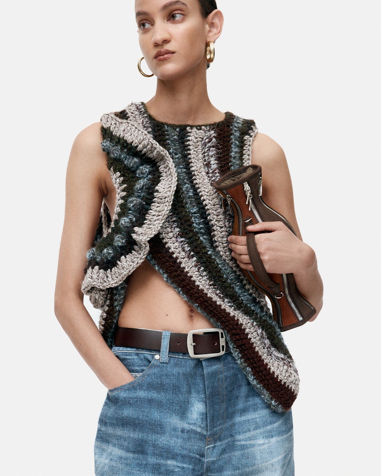 기타 OAKBERRY FRILL ROUNDING HAND KNITTED TOP atb1359w(BROWN / BLUE)