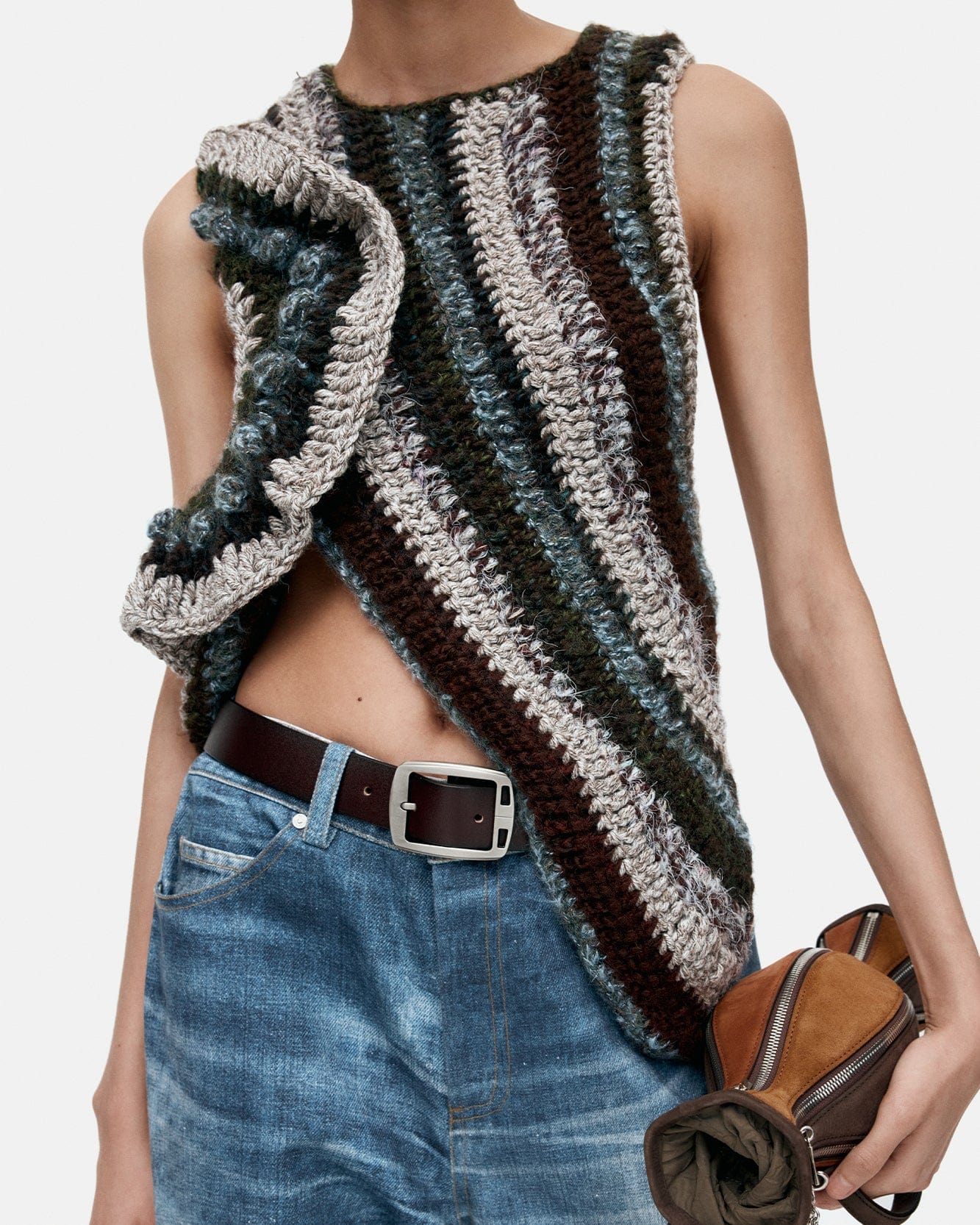 기타 OAKBERRY FRILL ROUNDING HAND KNITTED TOP atb1359w(BROWN / BLUE)