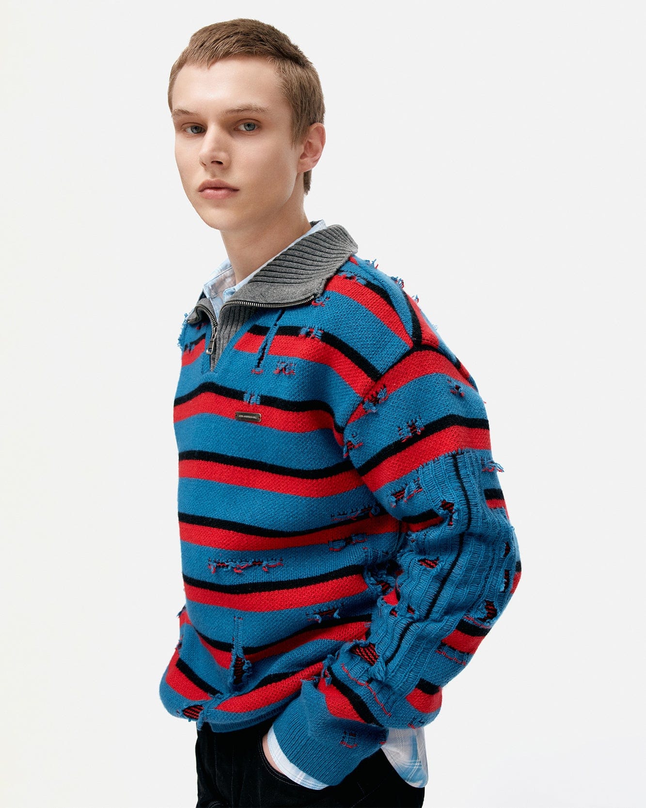 기타 STRIPE JACQUARD HALF ZIP-UP SWEATER atb1331m(BLUE/RED)