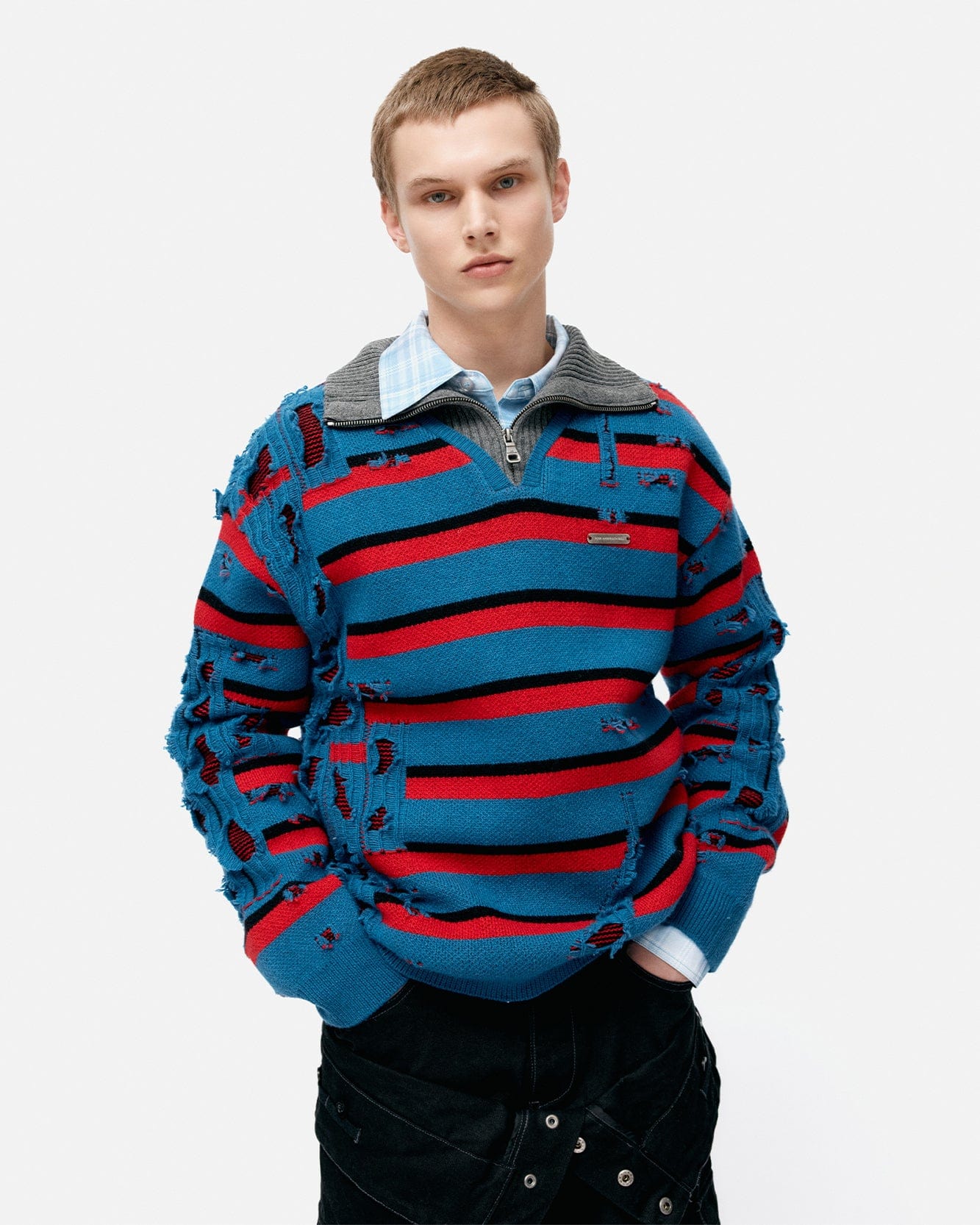 기타 STRIPE JACQUARD HALF ZIP-UP SWEATER atb1331m(BLUE/RED)