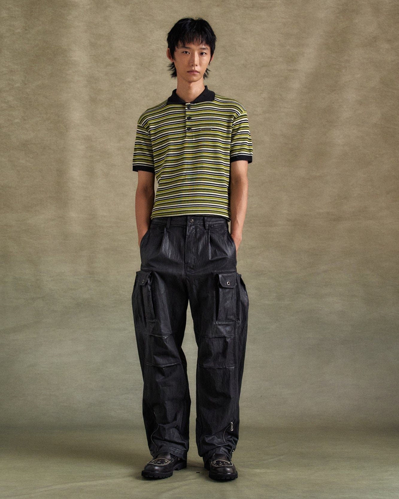 기타 STRIPE POLO SWEATER atb1286m(CHARCOAL/LIME)