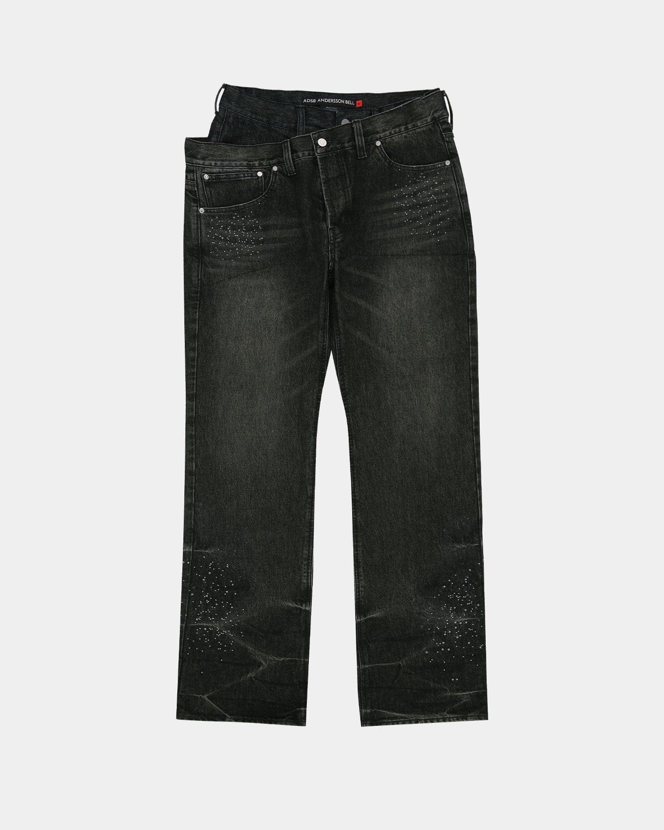 UNISEX ASYMMETRIC LAYERED HOT-FIX WIDE-LEG JEANS apa912u(BLACK