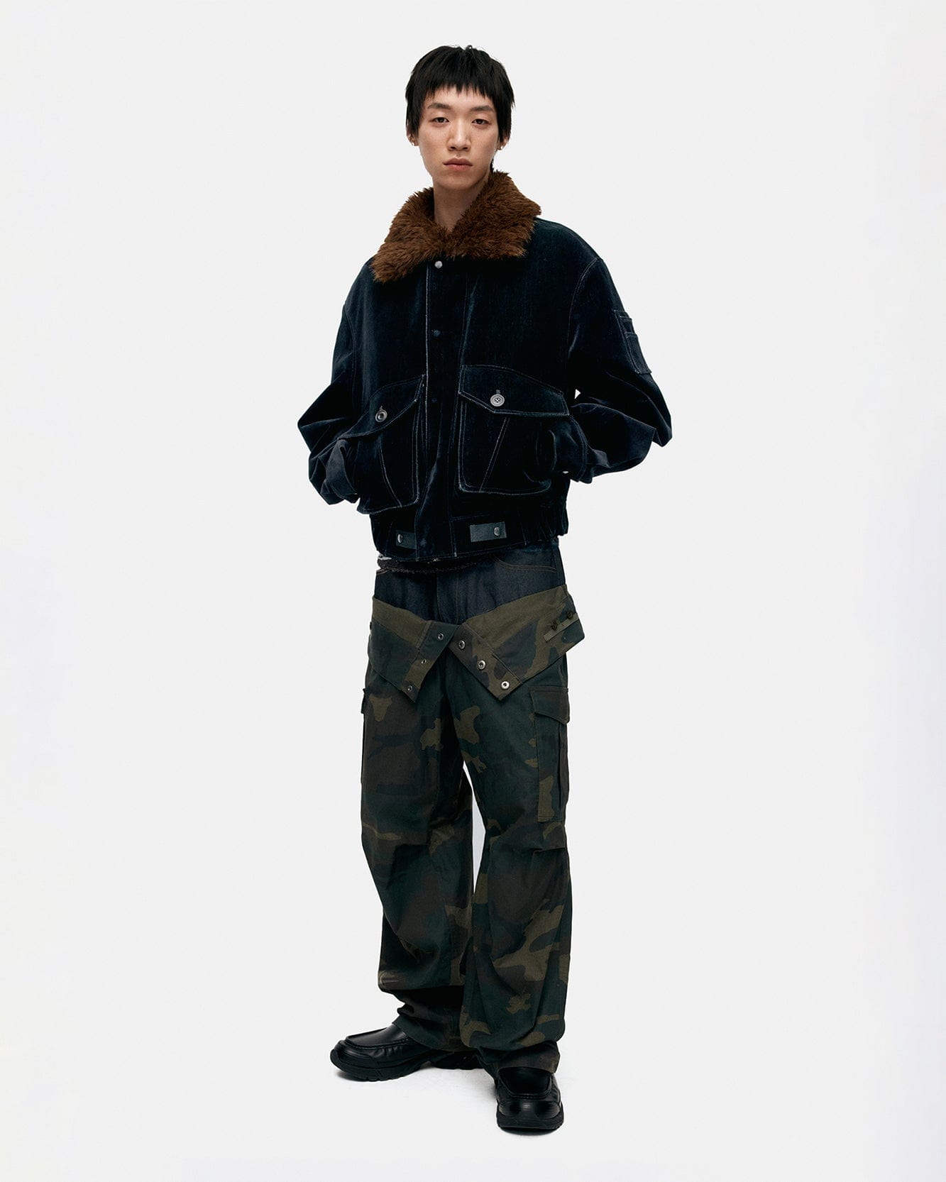 기타 UNISEX CAMOUFLAGE DOUBLE WAIST WORK WIDE-LEG JEANS apa853u(NAVY/GREEN)