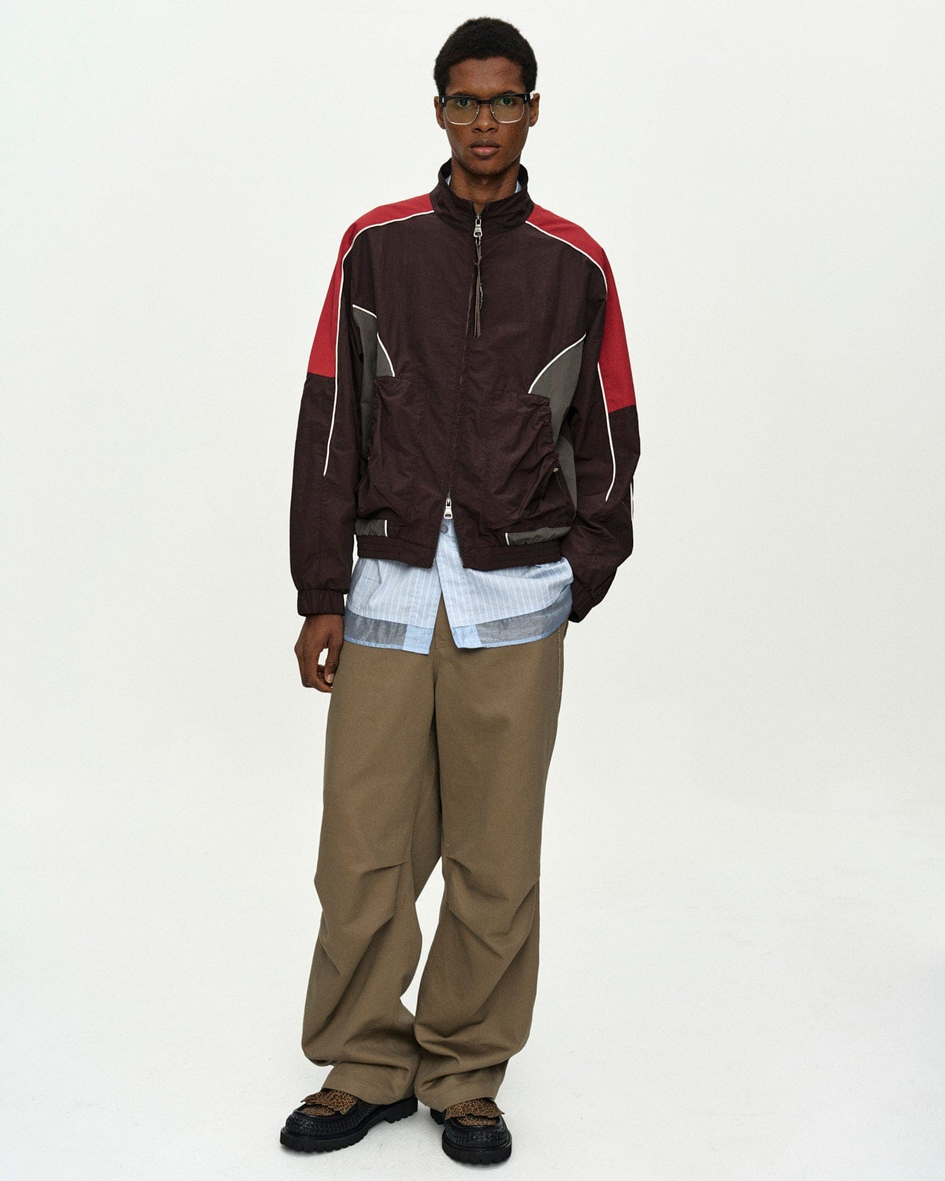 UNISEX COLOR BLOCK NYLON TRACK JACKET awa759u(RED/BROWN