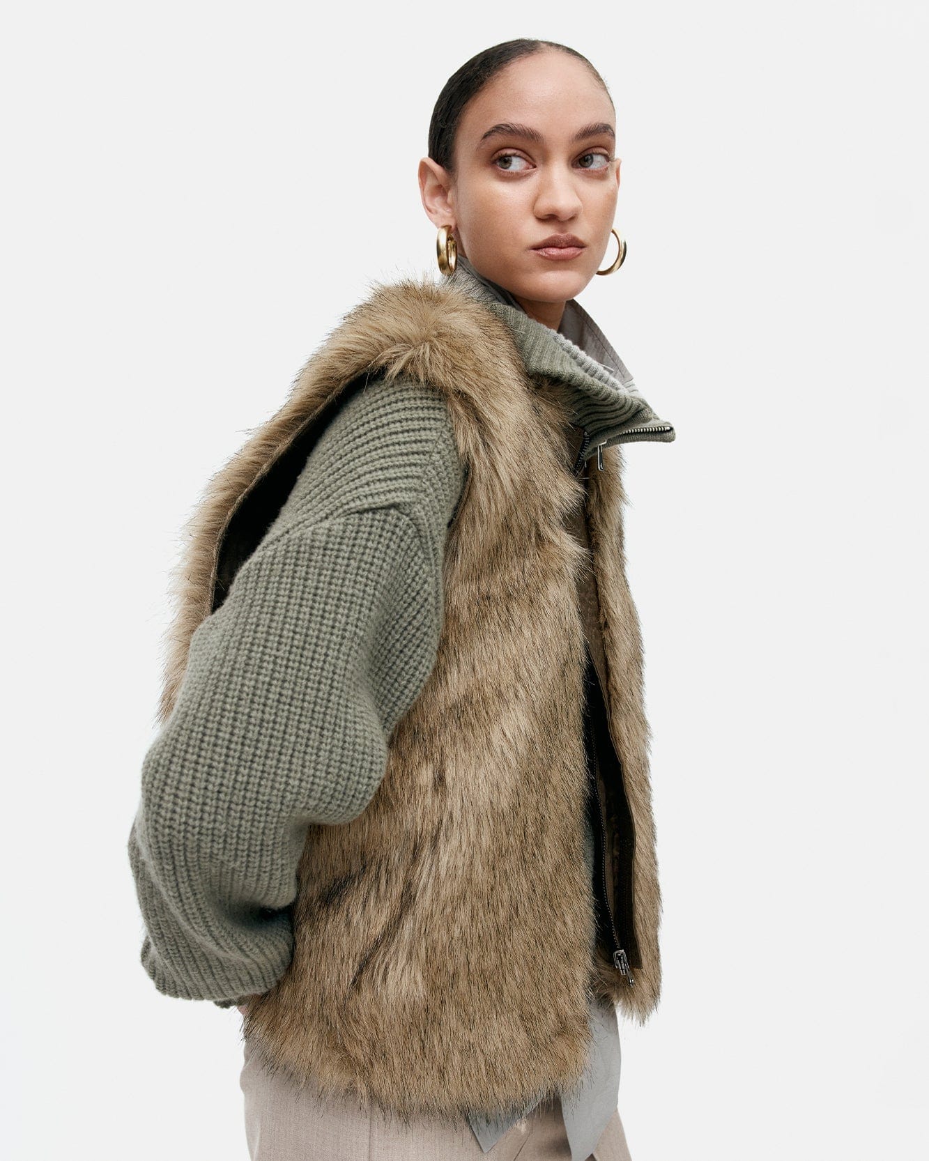 기타 UNISEX CURVED PLACKET REVERSIBLE FAUX-FUR VEST awa722u(BROWN)