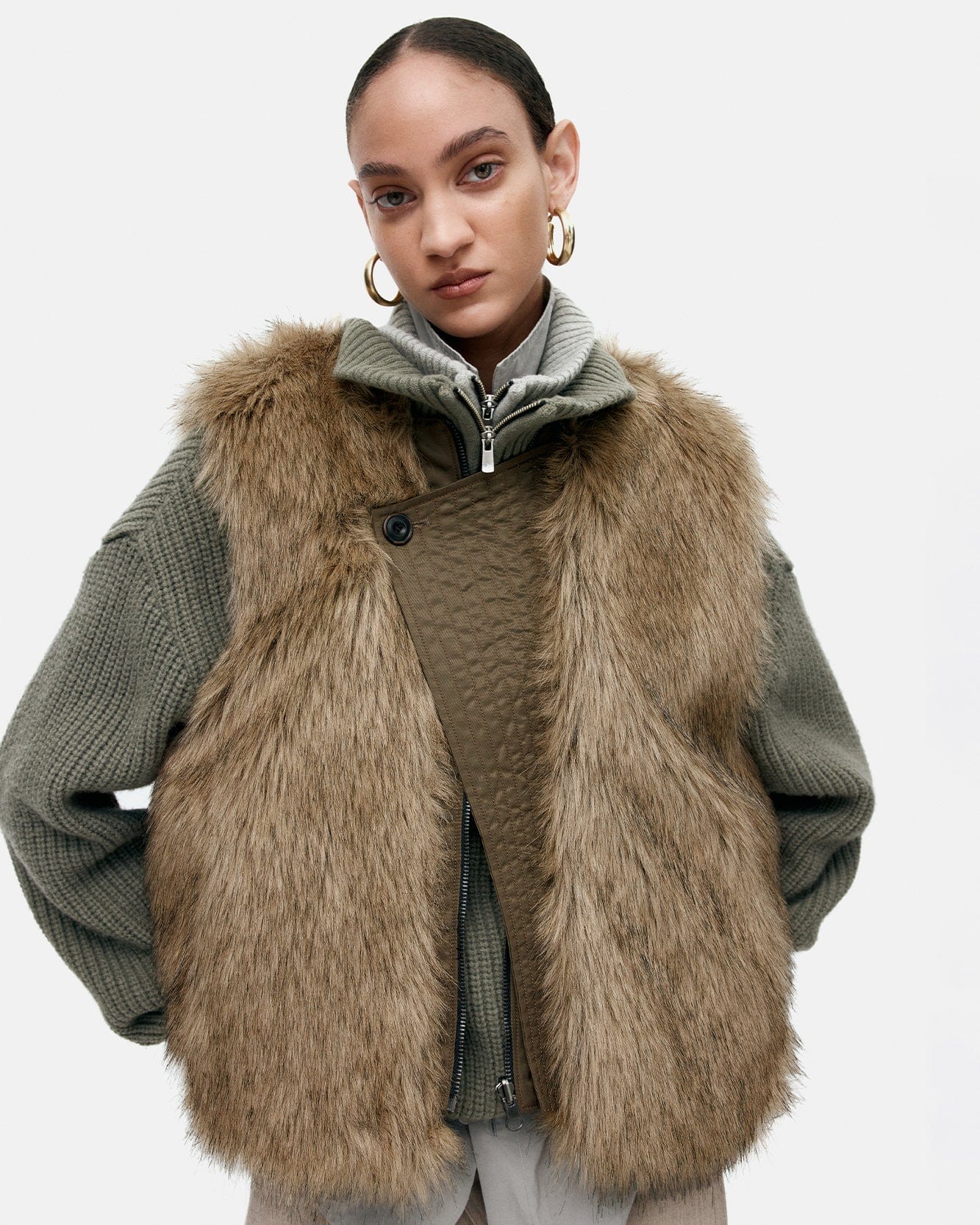 기타 UNISEX CURVED PLACKET REVERSIBLE FAUX-FUR VEST awa722u(BROWN)