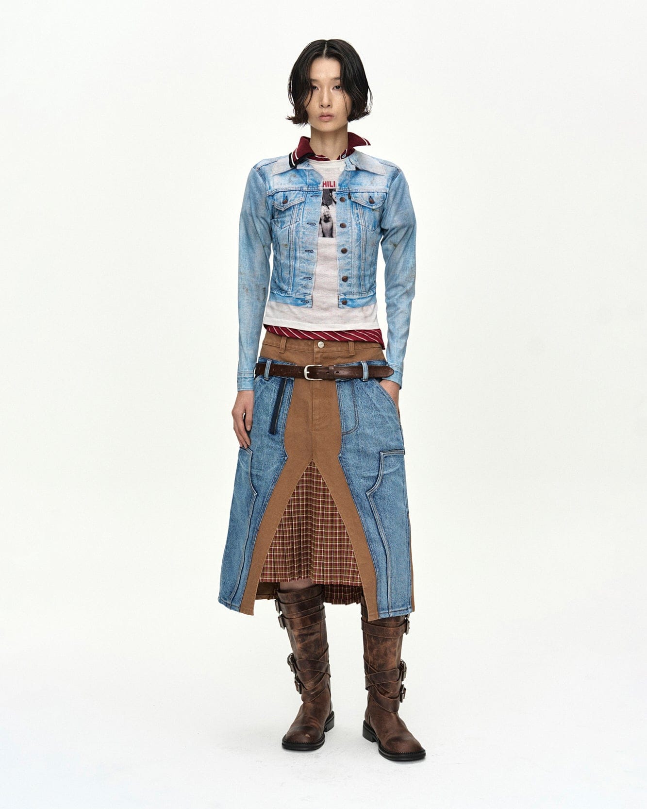 UNISEX DENIM JACKETED TROMPE-L'OEIL L/S T-SHIRT atb1548u(BLUE