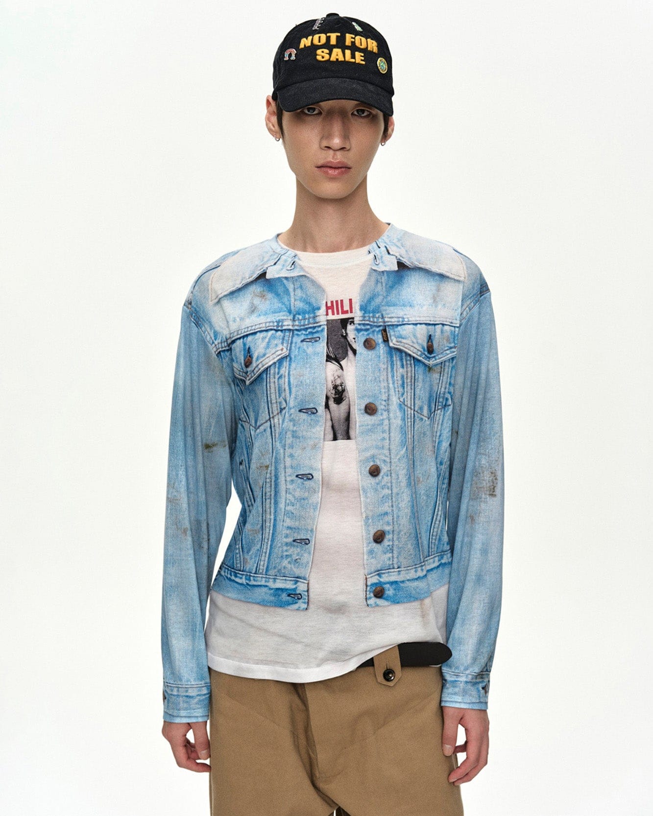 UNISEX DENIM JACKETED TROMPE-L'OEIL L/S T-SHIRT atb1548u(BLUE