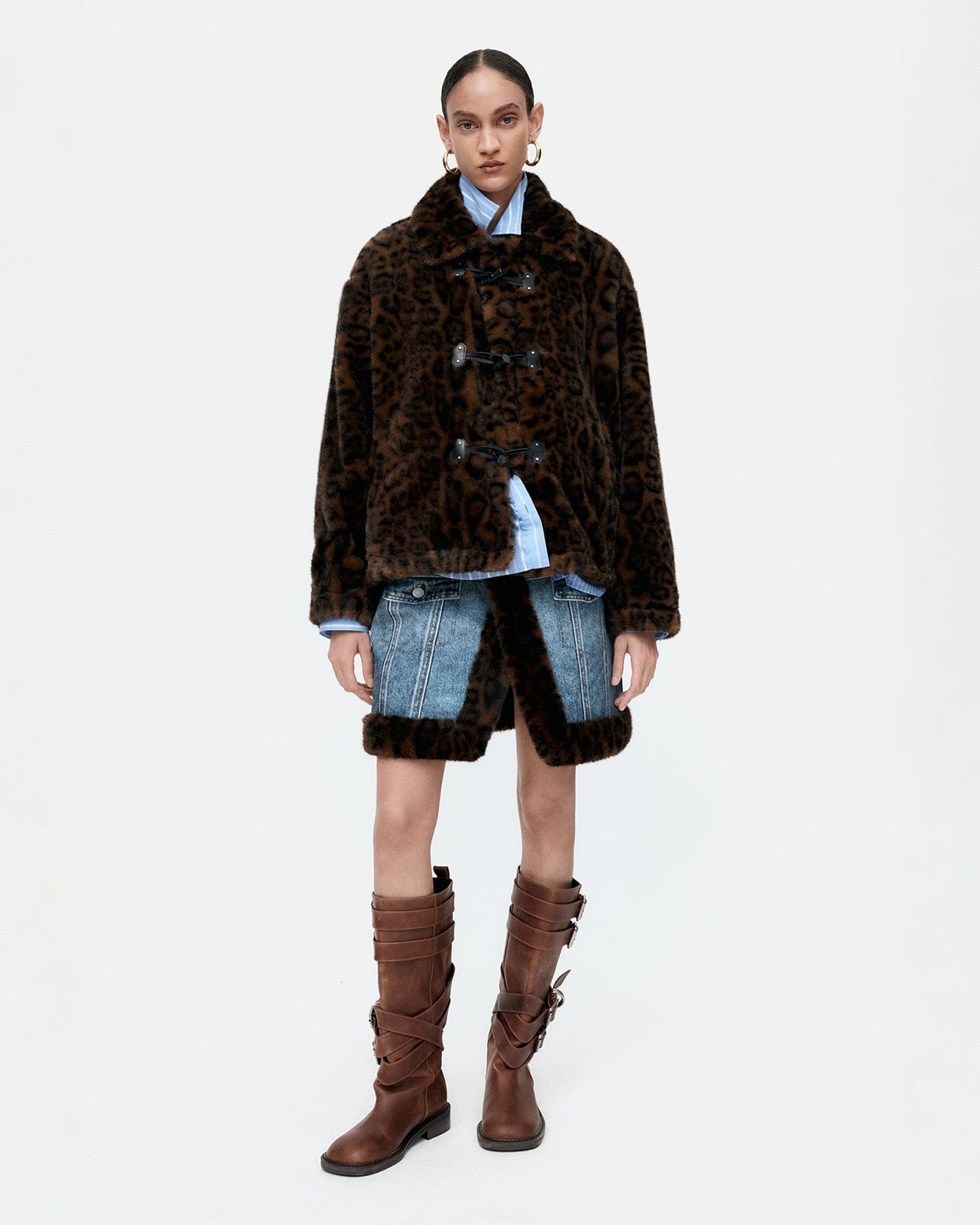 기타 UNISEX LEOPARD FUR DUFFLE JACKET awa735u(BROWN)