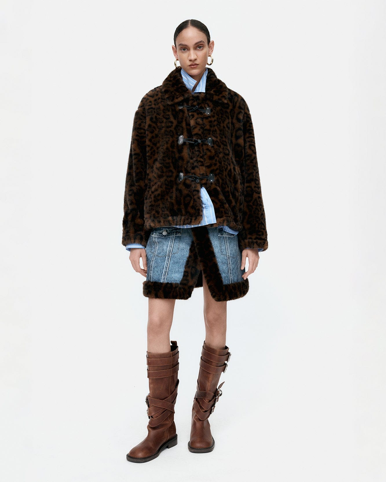 기타 UNISEX LEOPARD FUR DUFFLE JACKET awa735u(BROWN)