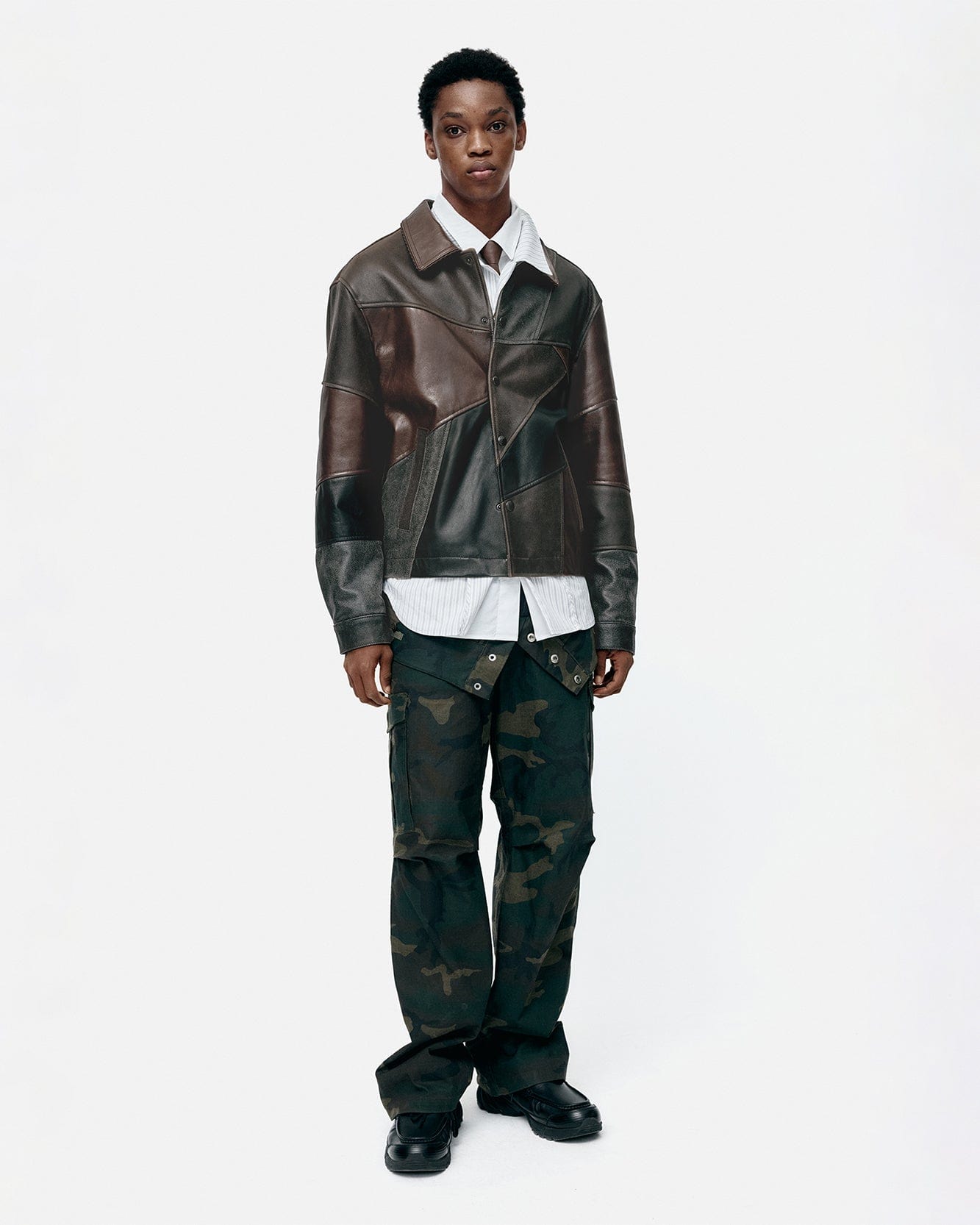 기타 UNISEX PATCHWORK LEATHER JACKET awa730u(BLACK/BROWN)