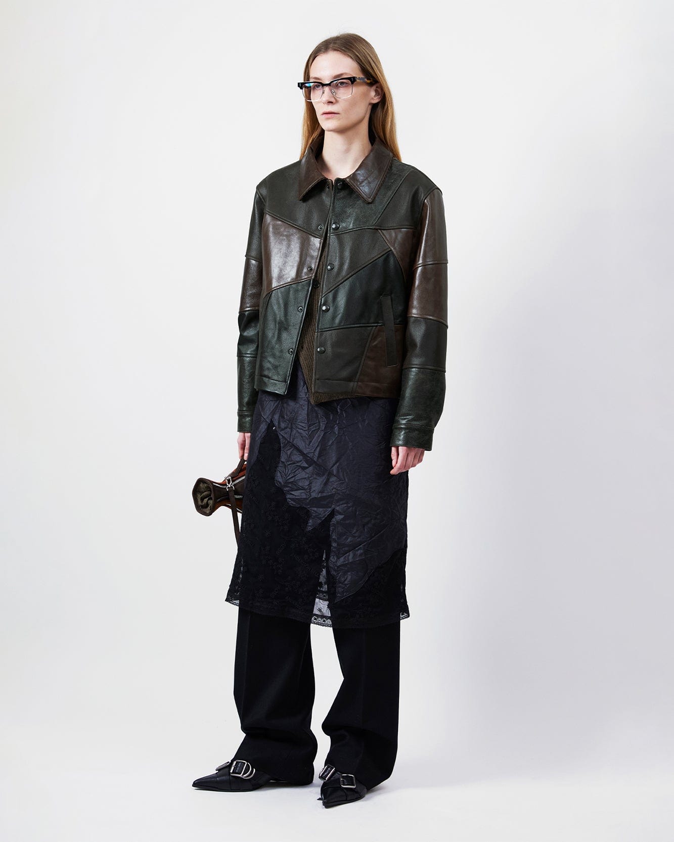 기타 UNISEX PATCHWORK LEATHER JACKET awa730u(BLACK/BROWN)