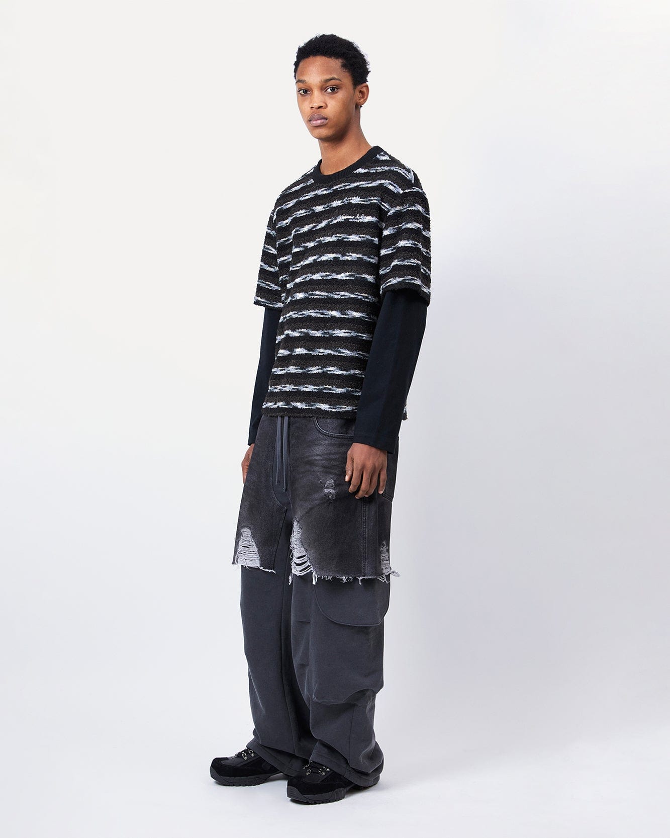기타 UNISEX STRIPE LAYERED SWEATER atb1373u(BLACK/BROWN)
