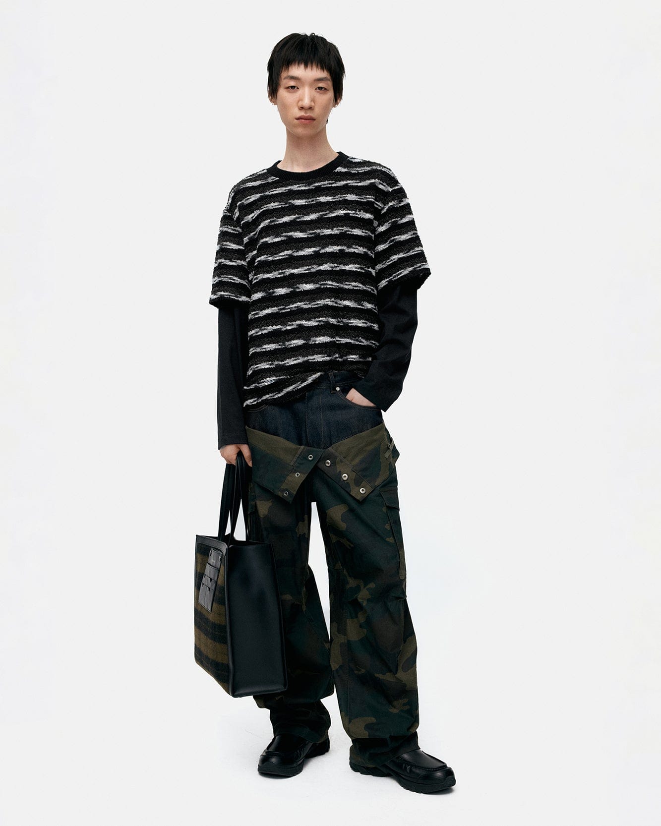 기타 UNISEX STRIPE LAYERED SWEATER atb1373u(BLACK/BROWN)