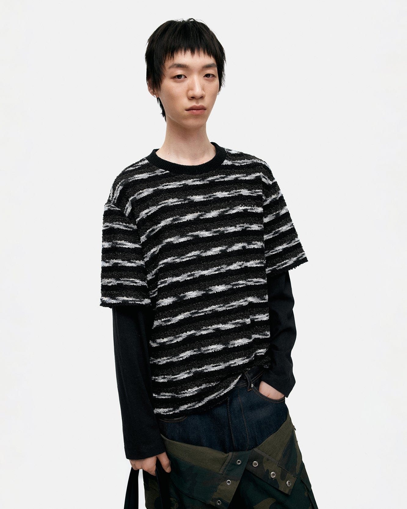 기타 UNISEX STRIPE LAYERED SWEATER atb1373u(BLACK/BROWN)