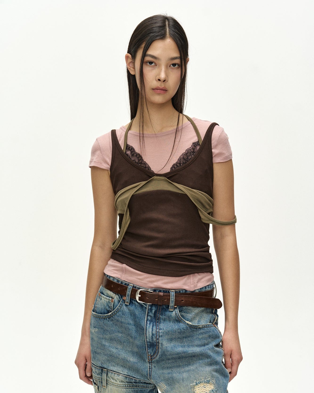 RESTOCK] UPSIDE-DOWN LAYERED T-SHIRT atb1557w(PINK/BROWN