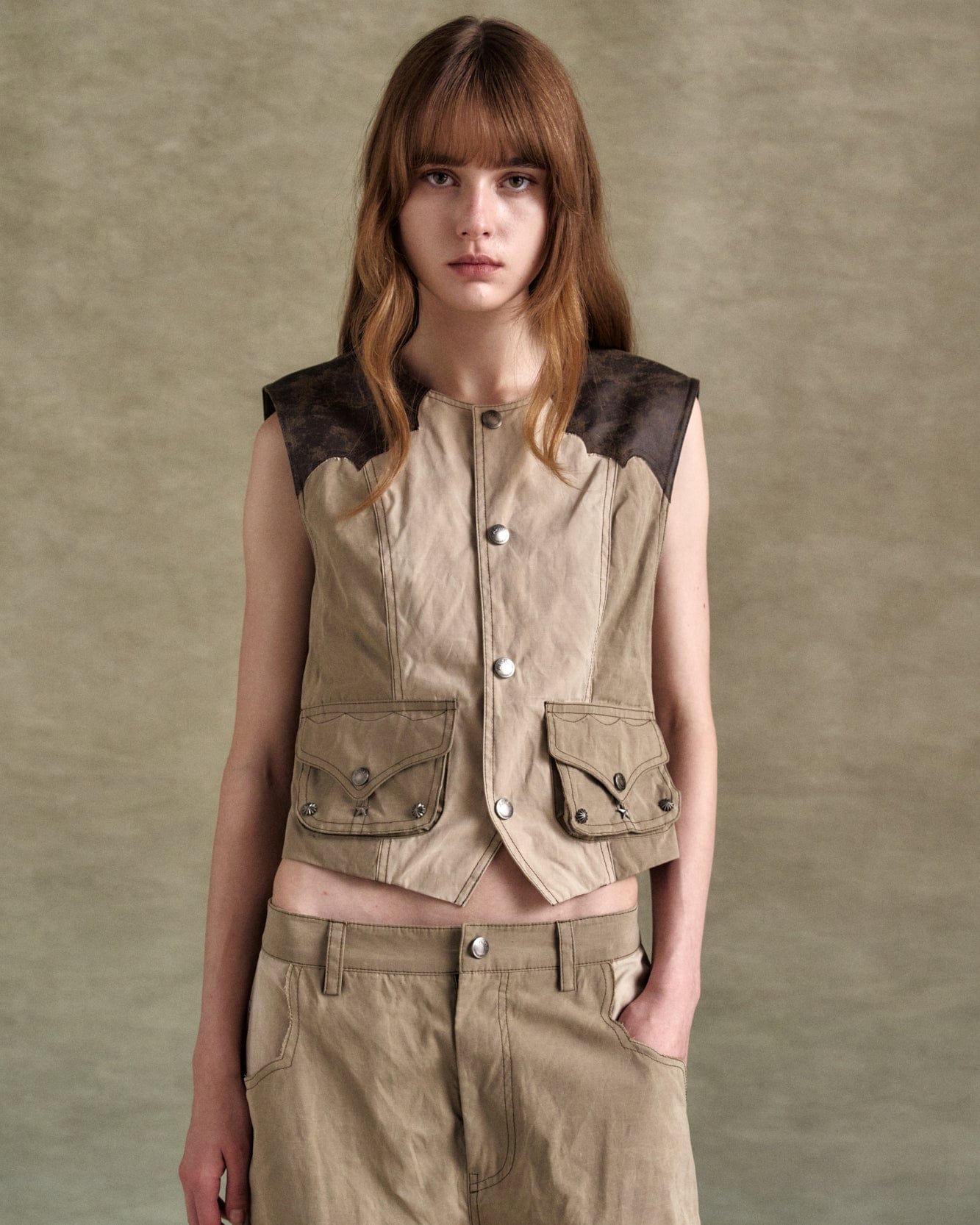 기타 WAXED RAW-EDGE VEST awa704w(BROWN)